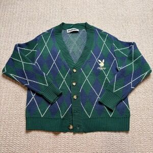 Playboy by PacSun Mens Argyle Cardigan Sweater Green Navy Blue Gold‎ Logo Medium